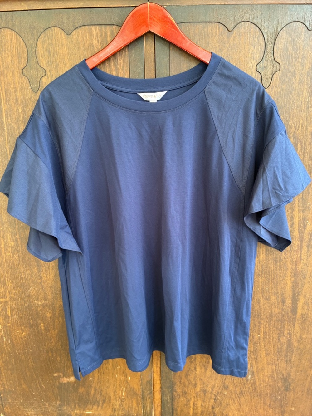 crown & ivy Navy Blue Short Sleeve Tee with Ruffle Sleeves